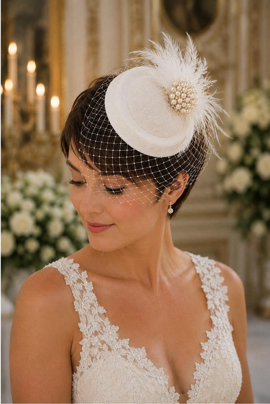 May include: A cream-coloured fascinator hat featuring a round base, a delicate white birdcage veil, and a decorative cluster of white feathers accented with a central arrangement of small, round, lustrous white pearls.
