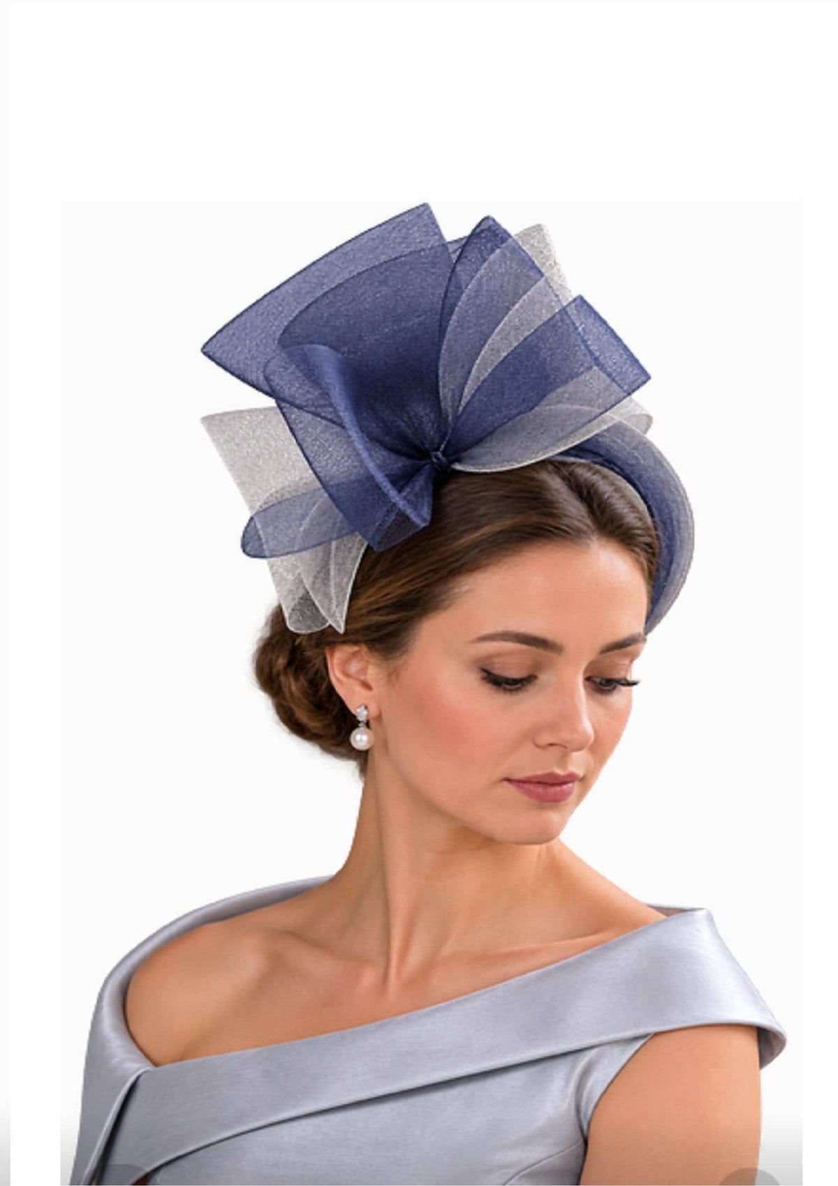 Navy & Silver Grey Fascinator Headband: Knot Bow Race Day Headwear