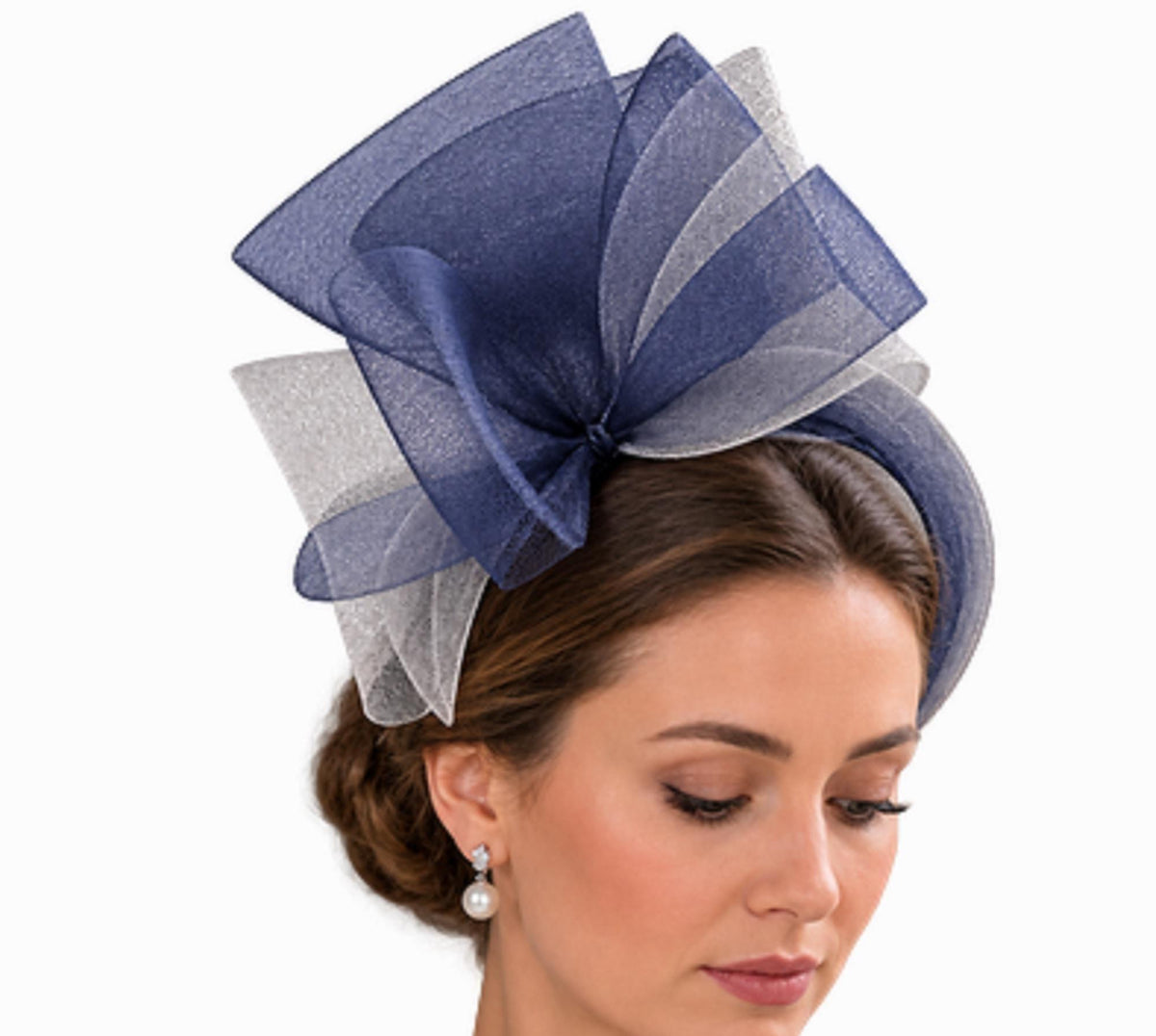 Navy & Silver Grey Fascinator Headband: Knot Bow Race Day Headwear