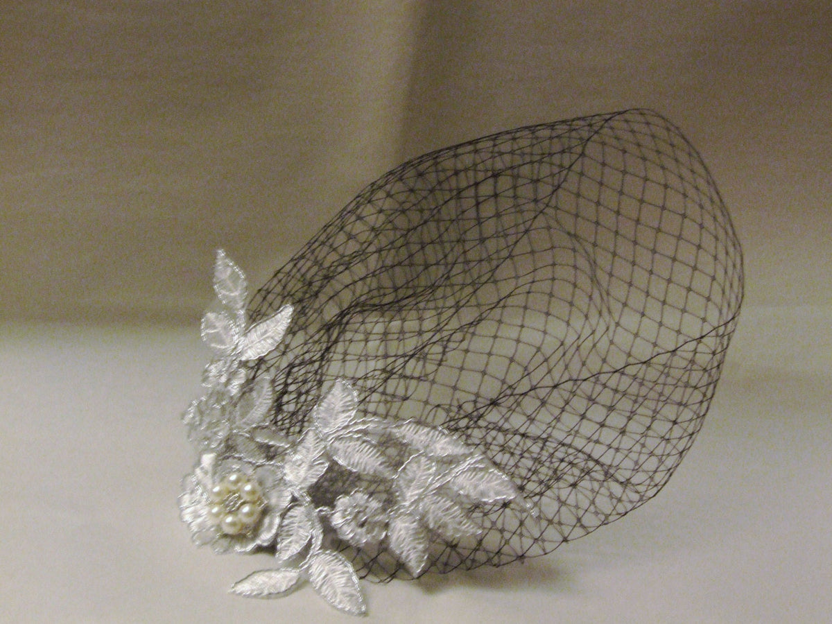 Silver Lace Birdcage Veil, French Net Fascinator, Vintage Wedding