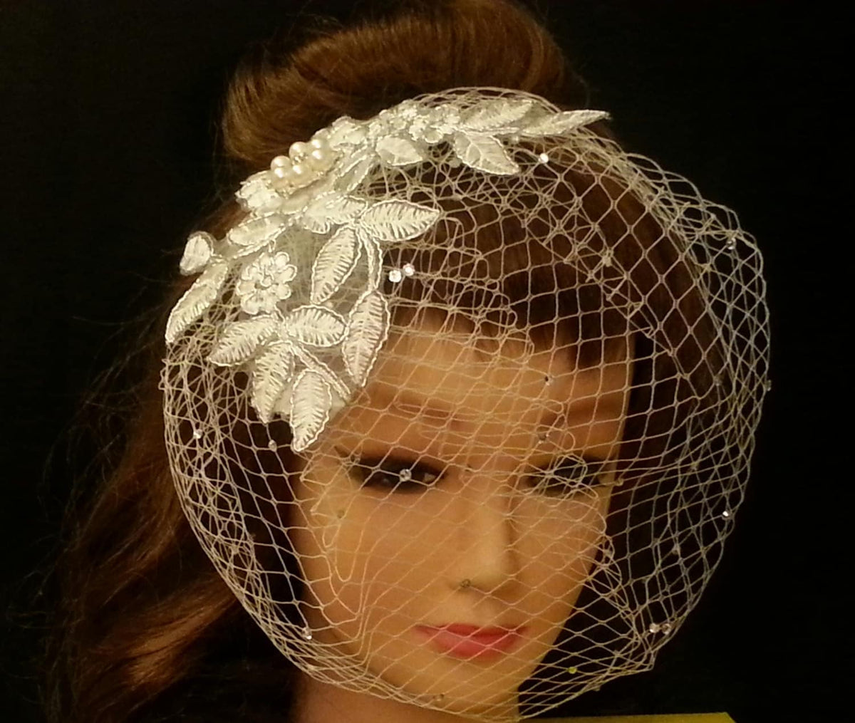 Silver Lace Birdcage Veil, French Net Fascinator, Vintage Wedding