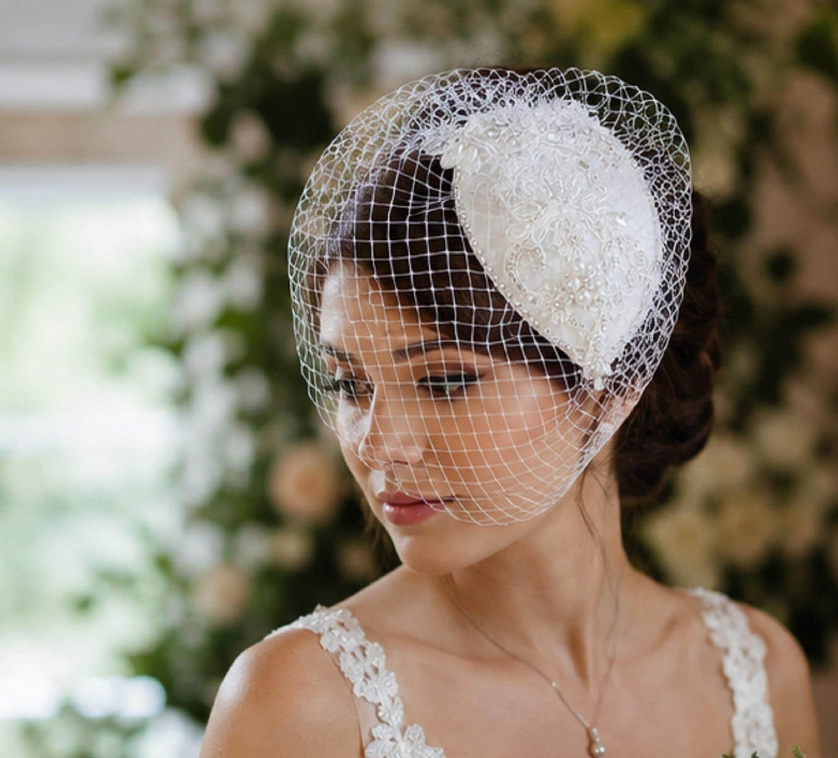 Bridal bird cage veil Fascinator hat White Ivory birdcage veil hat Bridal hatinator Crystal Pearl Fascinator 2Pc Veil & bridal hat headpiece