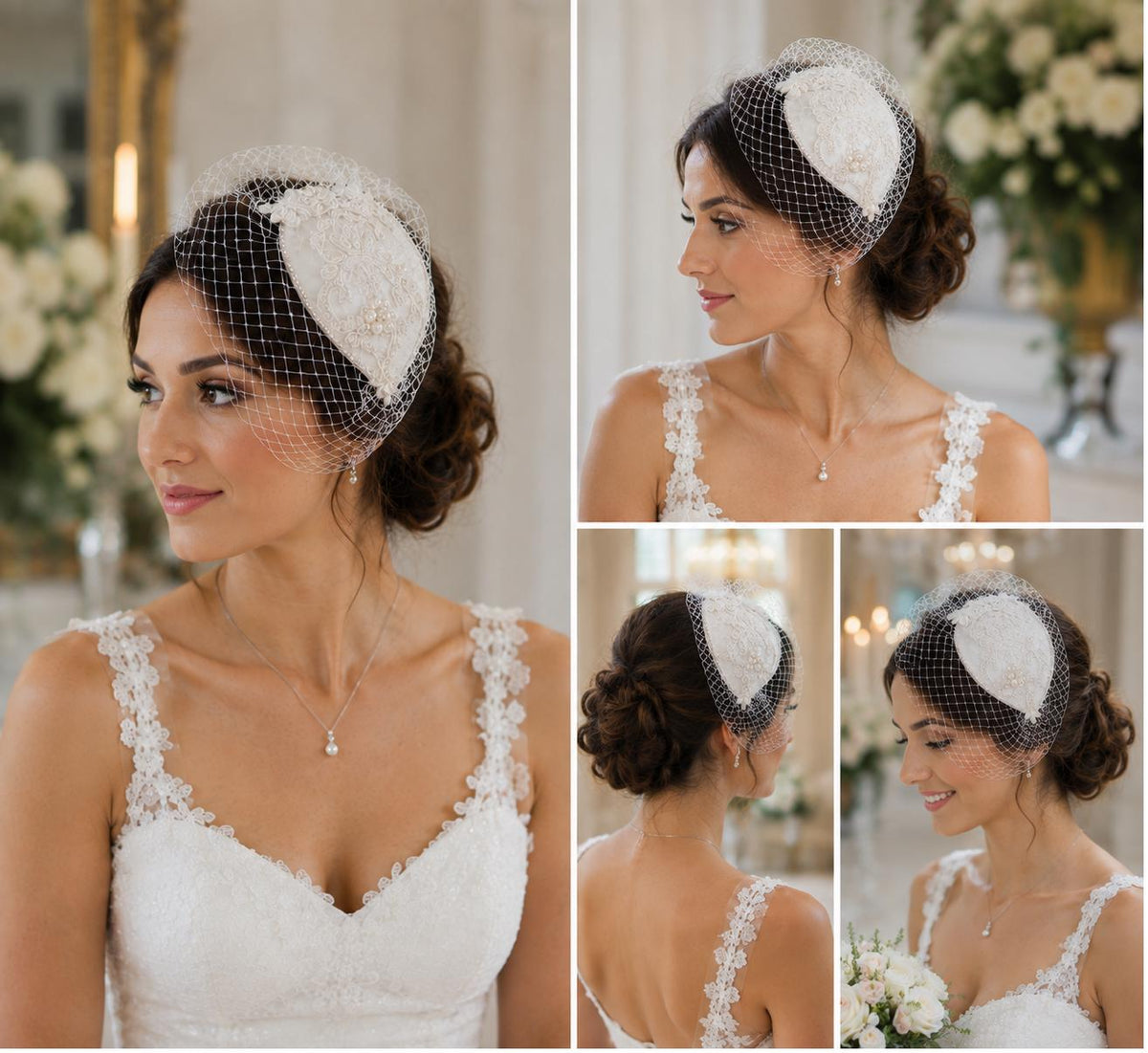 Bridal bird cage veil Fascinator hat White Ivory birdcage veil hat Bridal hatinator Crystal Pearl Fascinator 2Pc Veil & bridal hat headpiece
