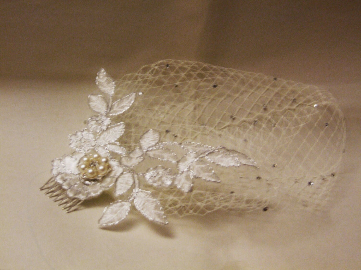 Silver Lace Birdcage Veil, French Net Fascinator, Vintage Wedding