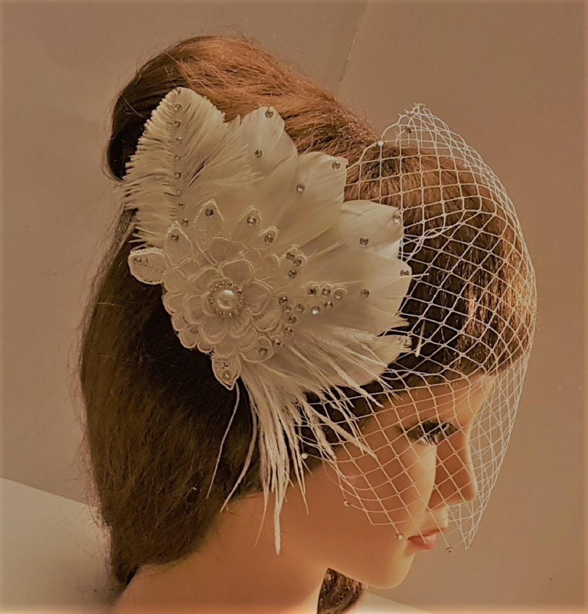 1920s Gatsby Birdcage Veil & Feather Fascinator Set, Crystal Jeweled Bridal Hairpiece