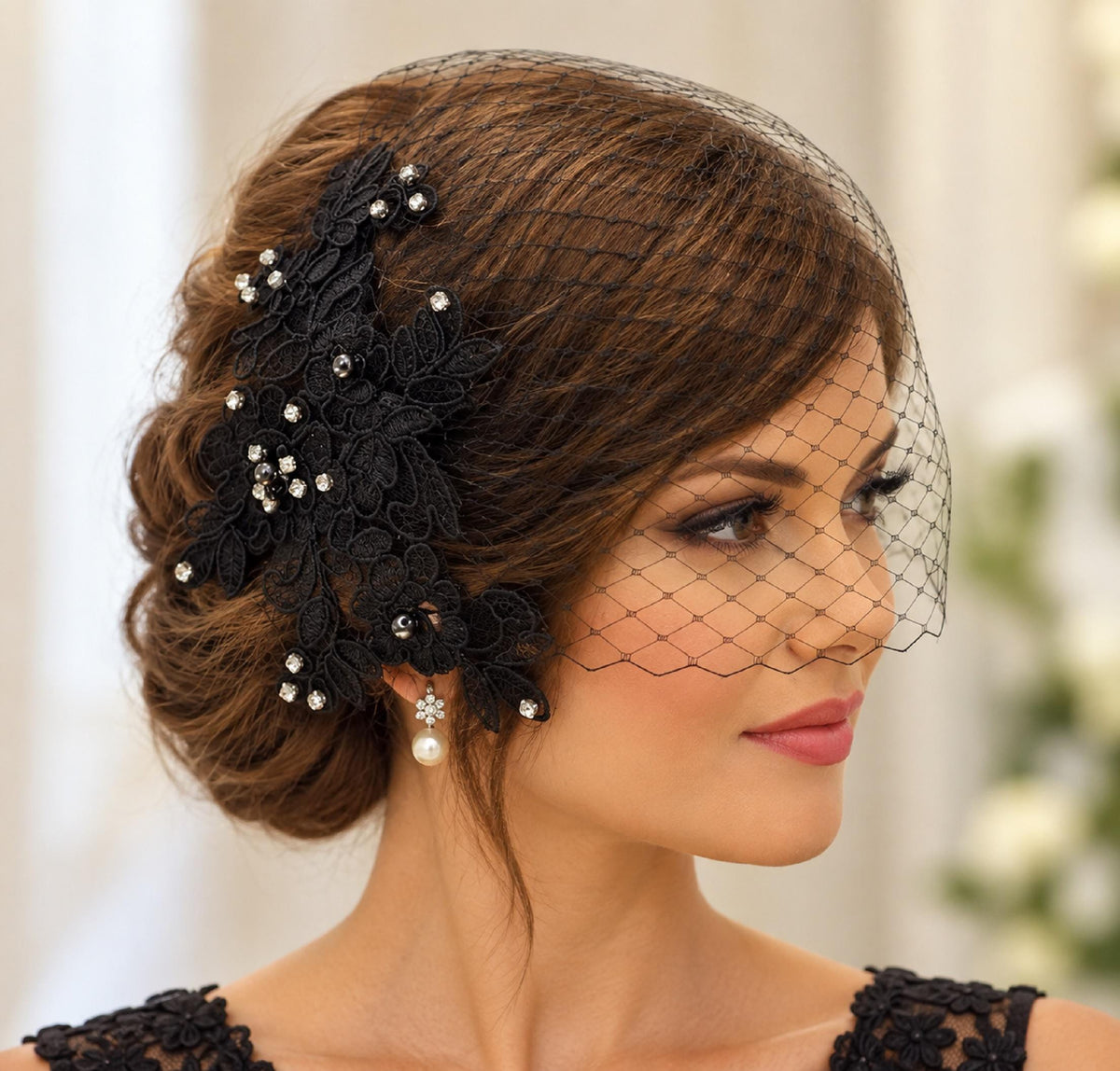 Blue Lace Birdcage Veil: Diamonte Pearl Bridal Fascinator