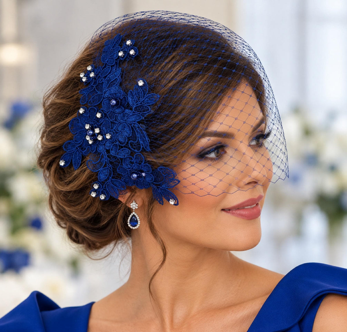 Blue Lace Birdcage Veil: Diamonte Pearl Bridal Fascinator