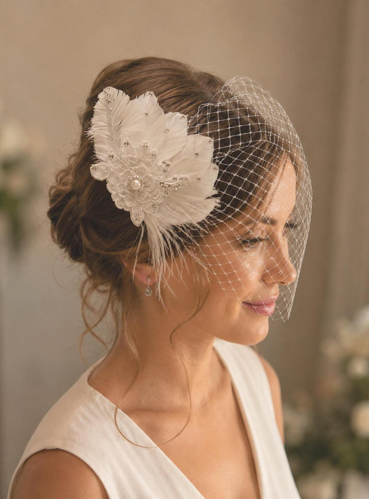 1920s Gatsby Birdcage Veil & Feather Fascinator Set, Crystal Jeweled Bridal Hairpiece