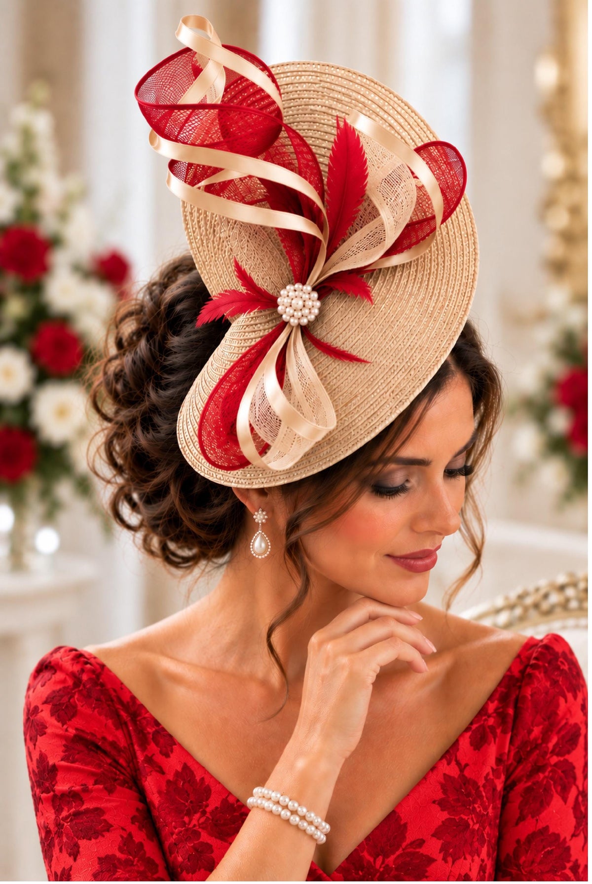 Beige Fascinator Hat with blue, red, orange for Wedding, Ascot race. Mother of the bride hatinator