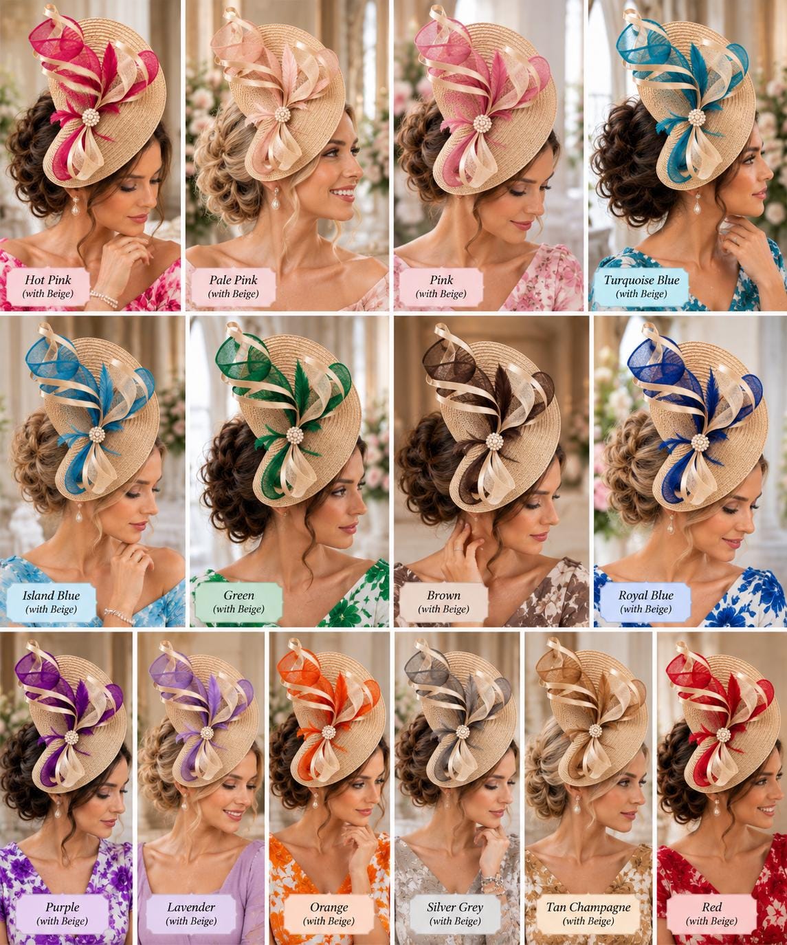 Beige Fascinator Hat with Orange, Redd, Blue.cutom colour for Wedding, Ascot race. Mother of the bride hatinator