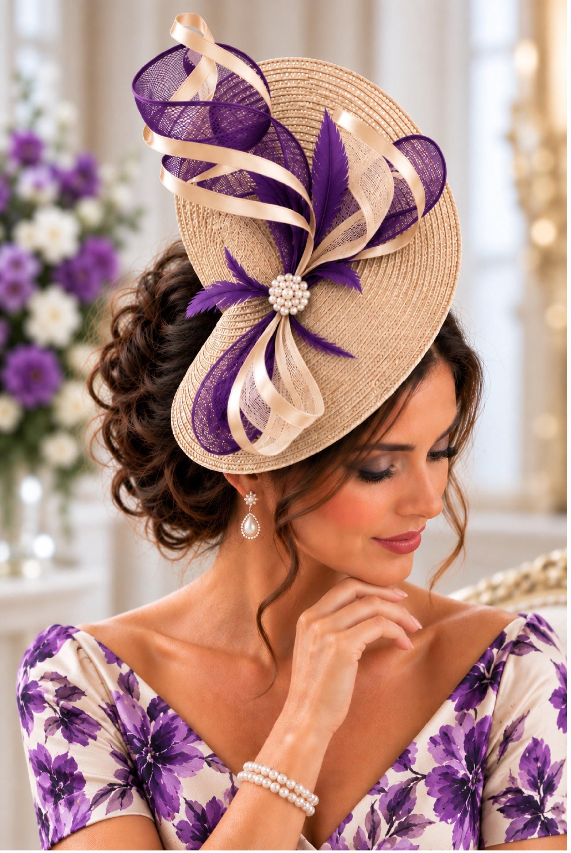 Beige Fascinator Hat with Orange, Redd, Blue.cutom colour for Wedding, Ascot race. Mother of the bride hatinator
