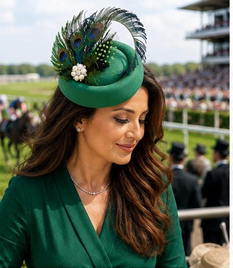 Green Felt Pillbox Hat, Peacock Feather Fascinator, Ascot Races