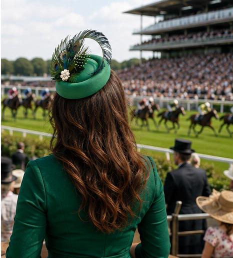 Green Felt Pillbox Hat, Peacock Feather Fascinator, Ascot Races