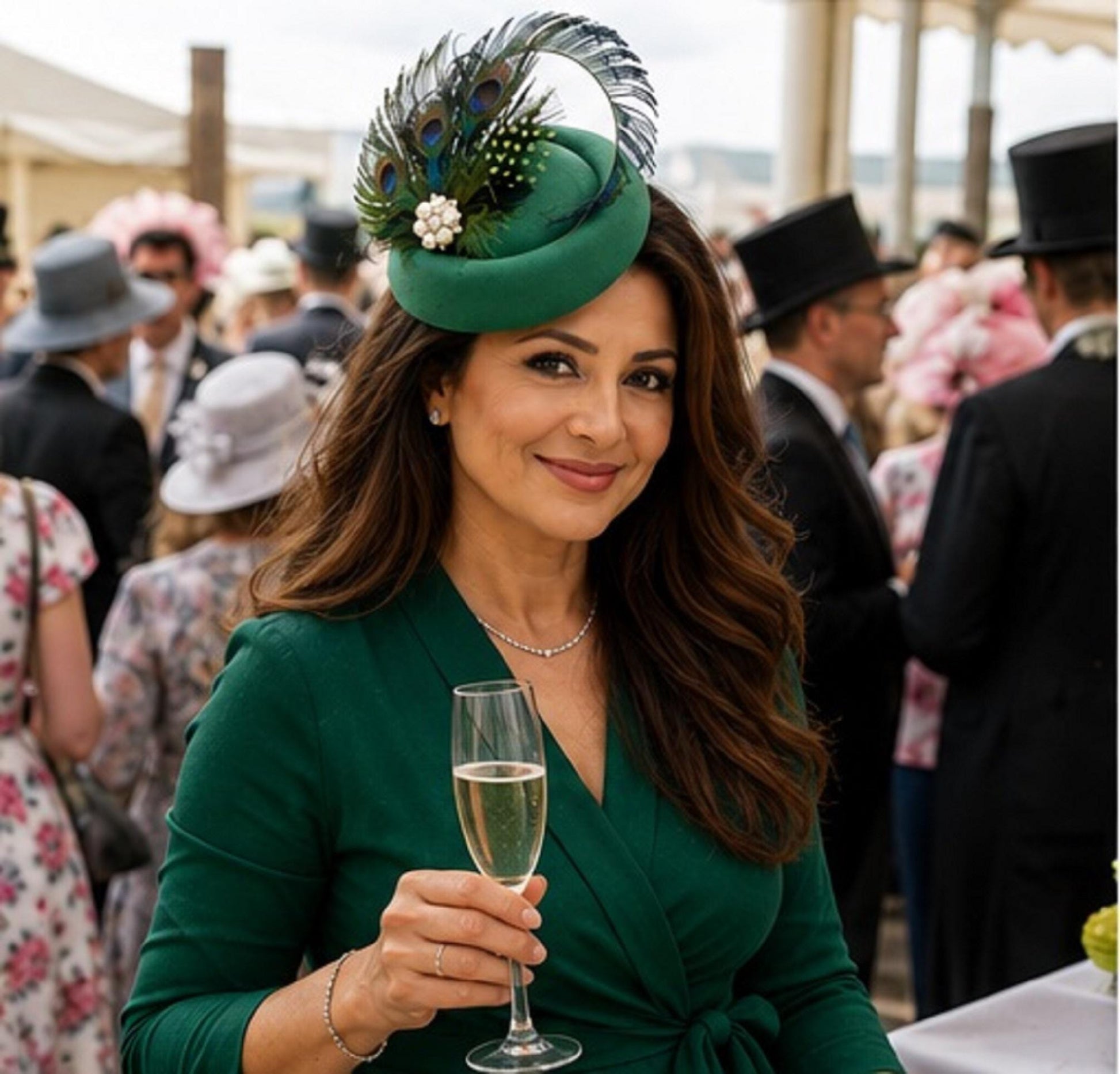 Green Felt Pillbox Hat, Peacock Feather Fascinator, Ascot Races