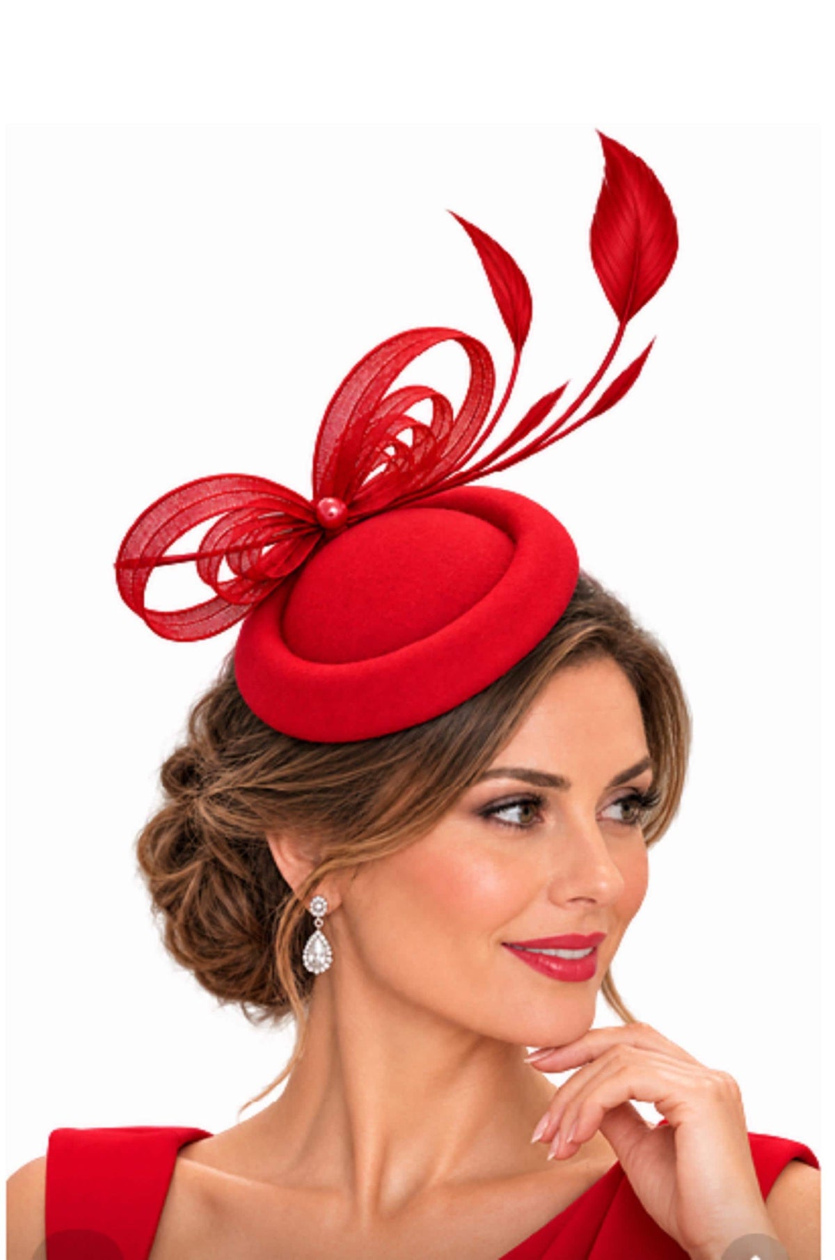 Red Fascinator Hat, Feathered Ascot Race Wedding Headpiece