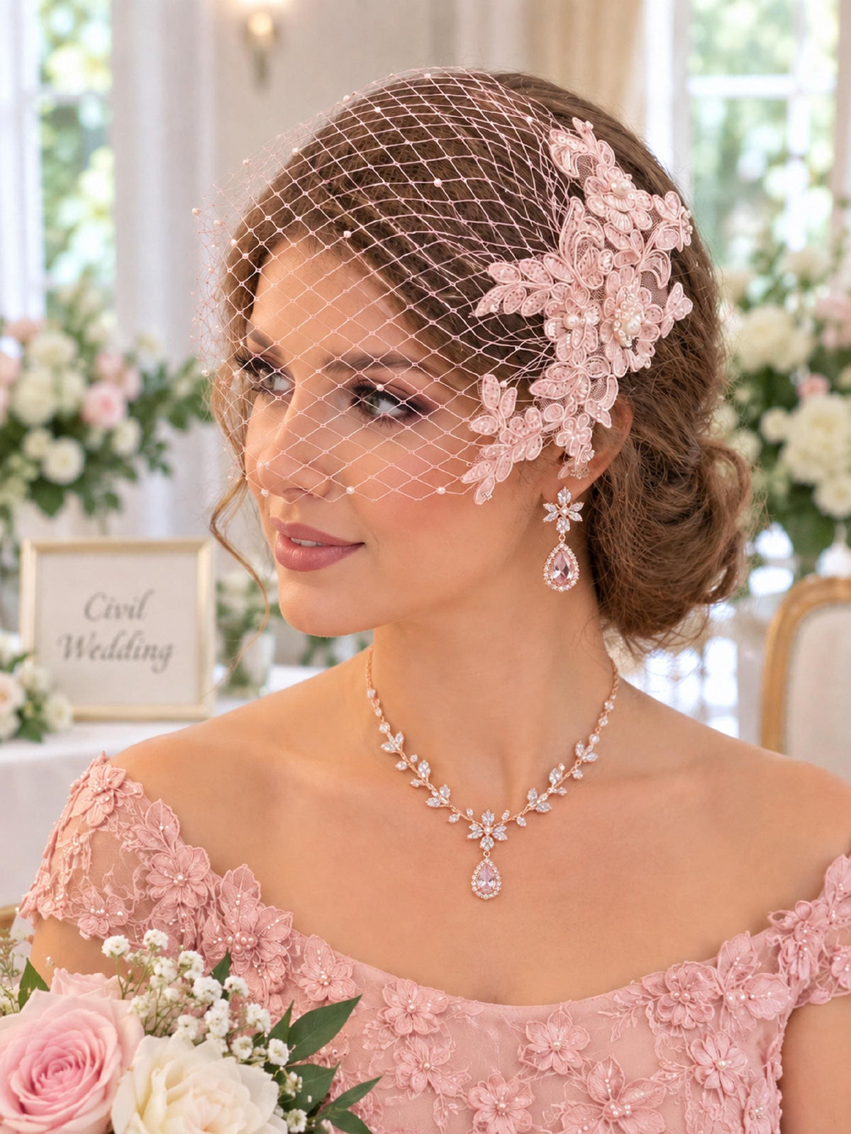 Blush Pink Birdcage Veil Bridal lace birdcage veil Fascinator with Pearls and Crystal Wedding face veil