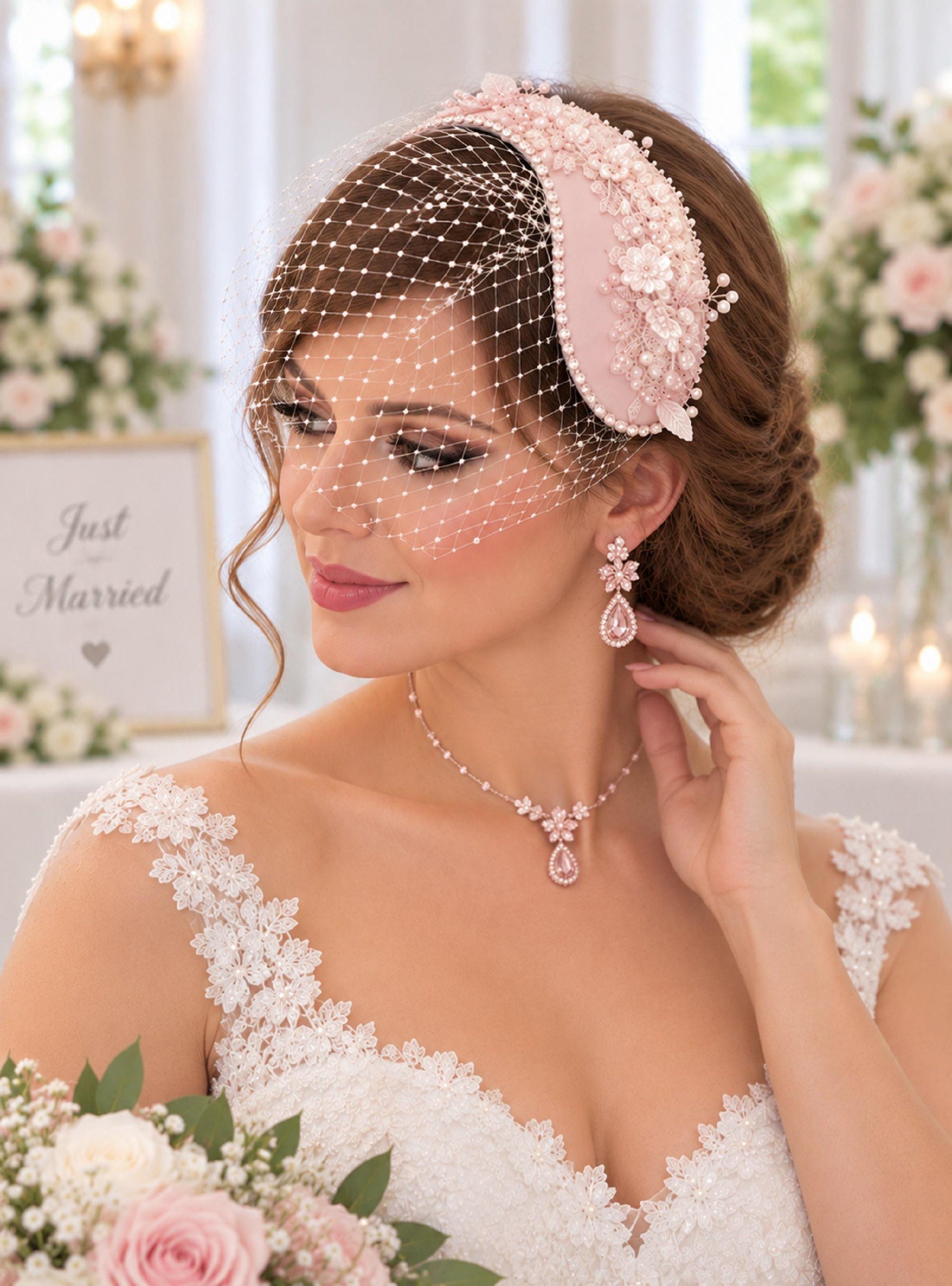 Bridal hat fascinator Blush pink, White,Ivory Wedding Hat with Birdcage Veil