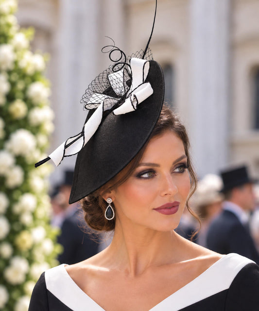 Black & White Teardrop Fascinator Hat, Wedding Ascot Occasion