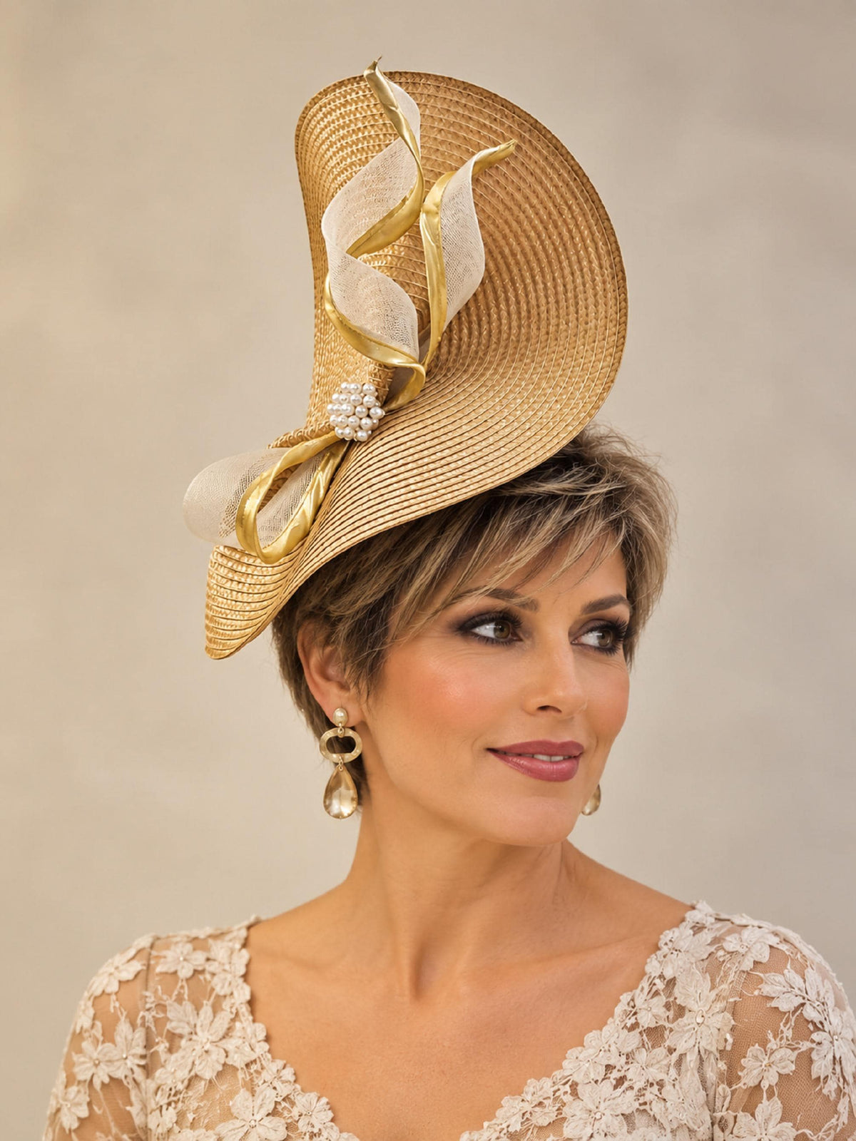Mustard Gold Fascinator Hat: Pearl Cluster Crin Swirl, Derby Wedding Hatinator