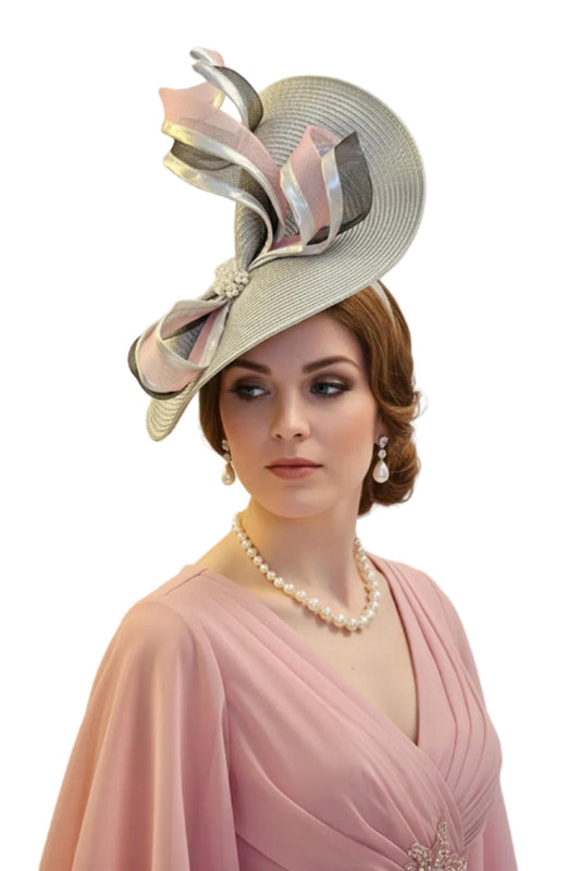 Silver grey fascinator with pink and Black for mother of the bride and Ascot fascinator