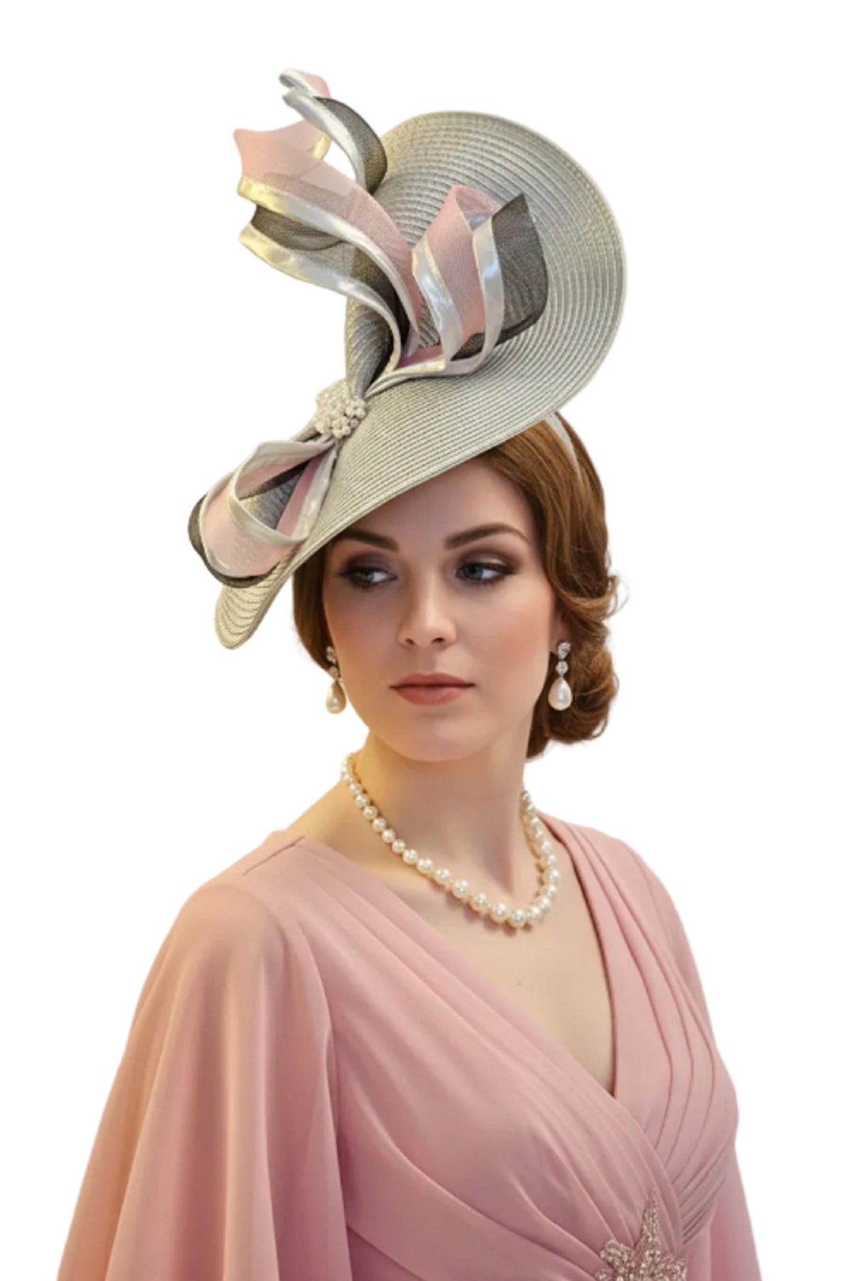 Silver grey fascinator with pink and Black for mother of the bride and Ascot fascinator