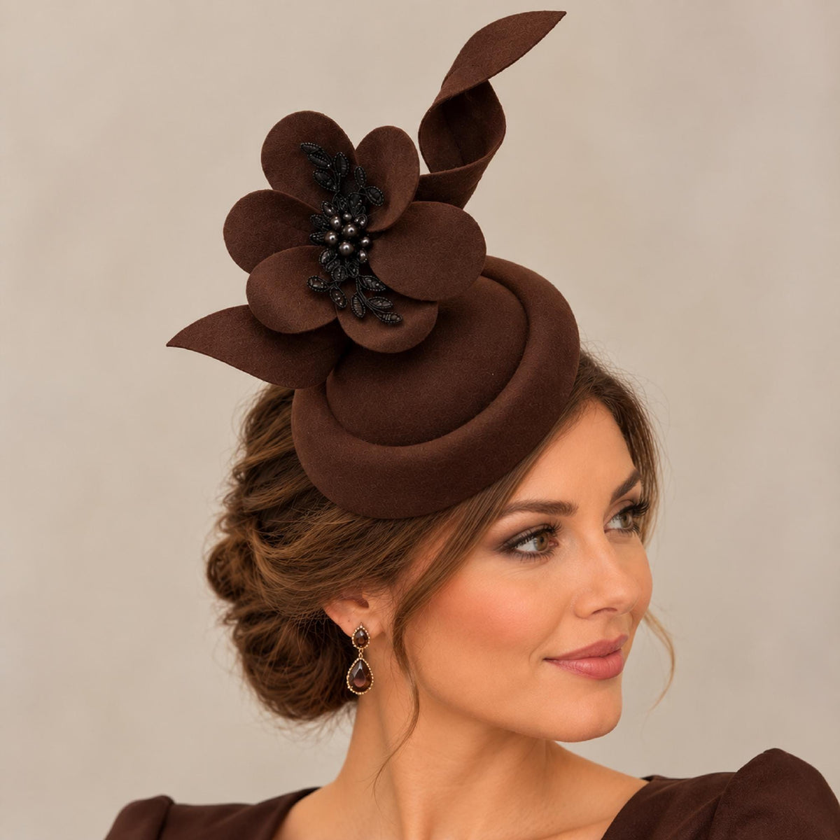 Brown Fascinator hat, Felt Pillbox hat Vintage Cocktail Ascot Race wedding Headpiece Custom colours