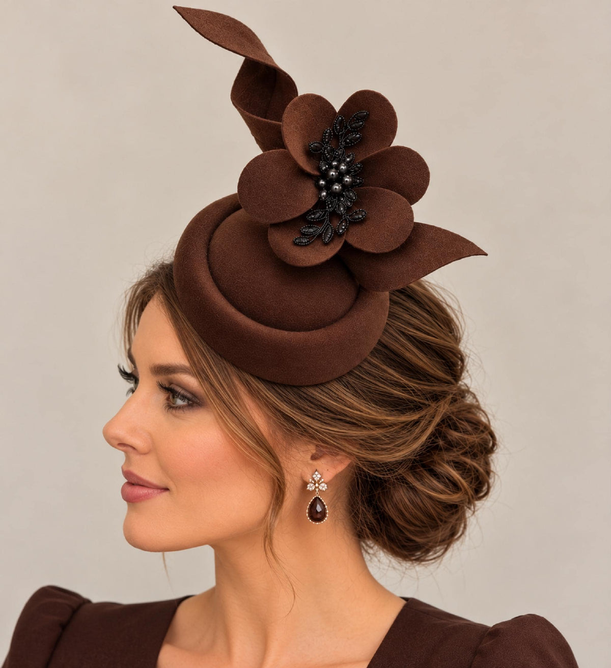 Brown Fascinator hat, Felt Pillbox hat Vintage Cocktail Ascot Race wedding Headpiece Custom colours