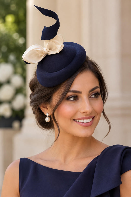 Navy Pillbox hat fascinator Felt hat fascinator with Swirl and White leaves