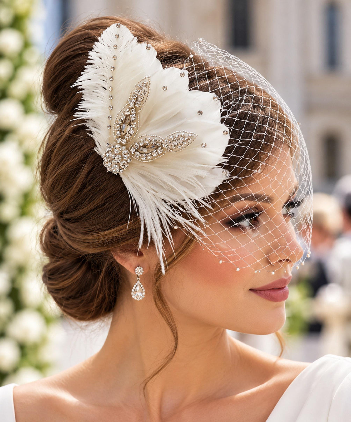 Birdcage veil Feather Fascinator: Black & White feathers Crystal Headpiece and face veil