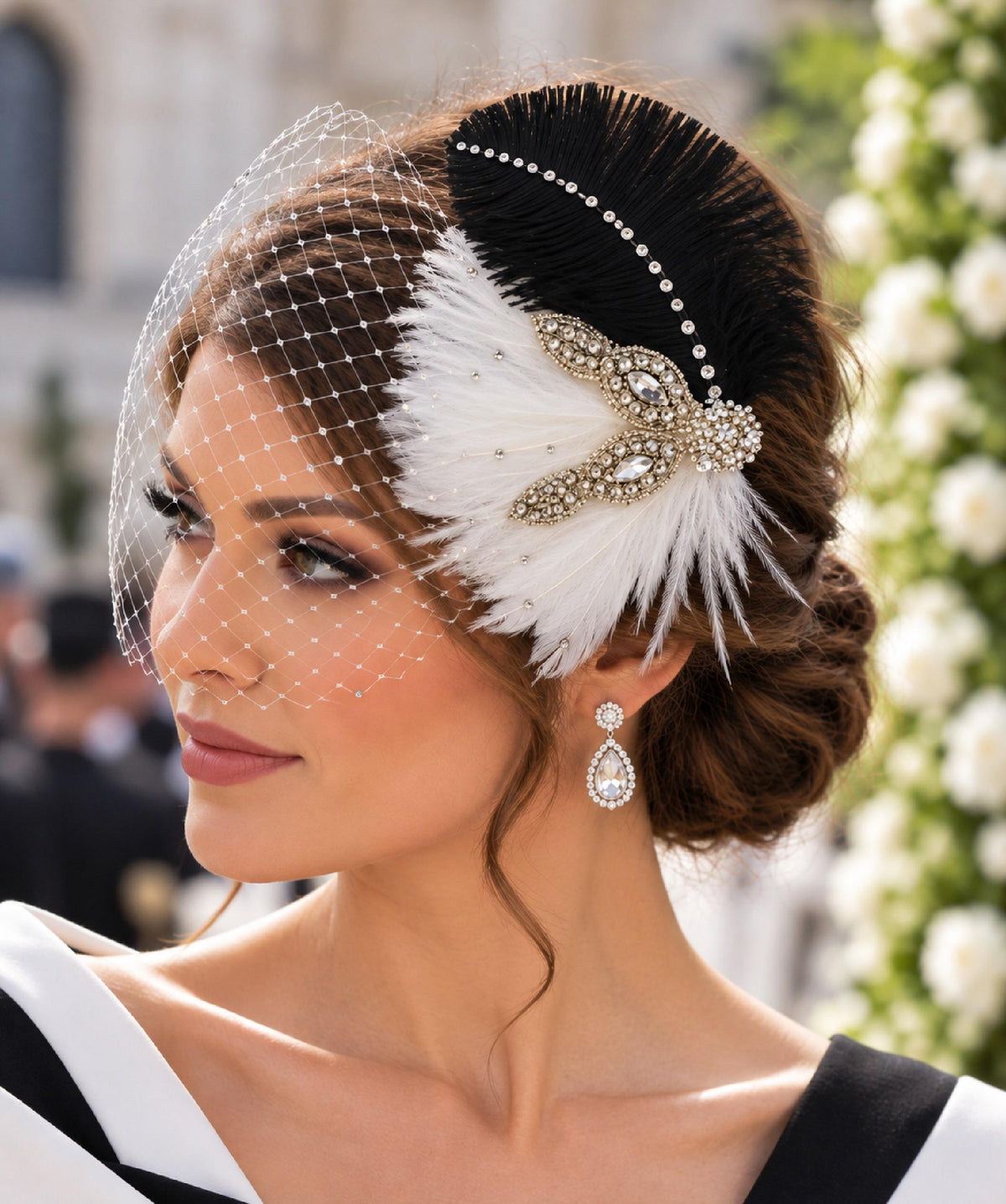Birdcage veil Feather Fascinator: Black & White feathers Crystal Headpiece and face veil