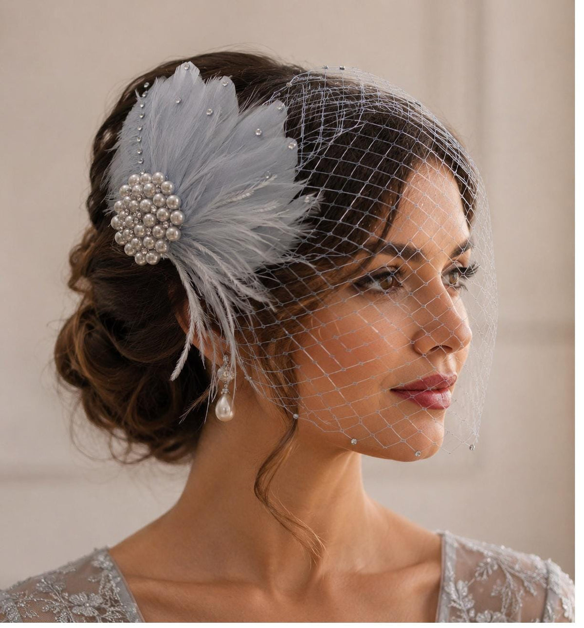 Birdcage veil, 1920s veil Gatsby wedding Bridal feather fascinator and face veil, 2PC set