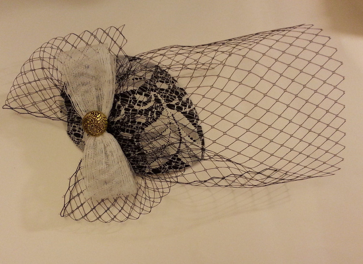 Birdcage Veil Hat FASCINATOR Vintage Black & White Teardrop hat Fascinator mini Veil. Antique gold centre embellishment Fascinator clip