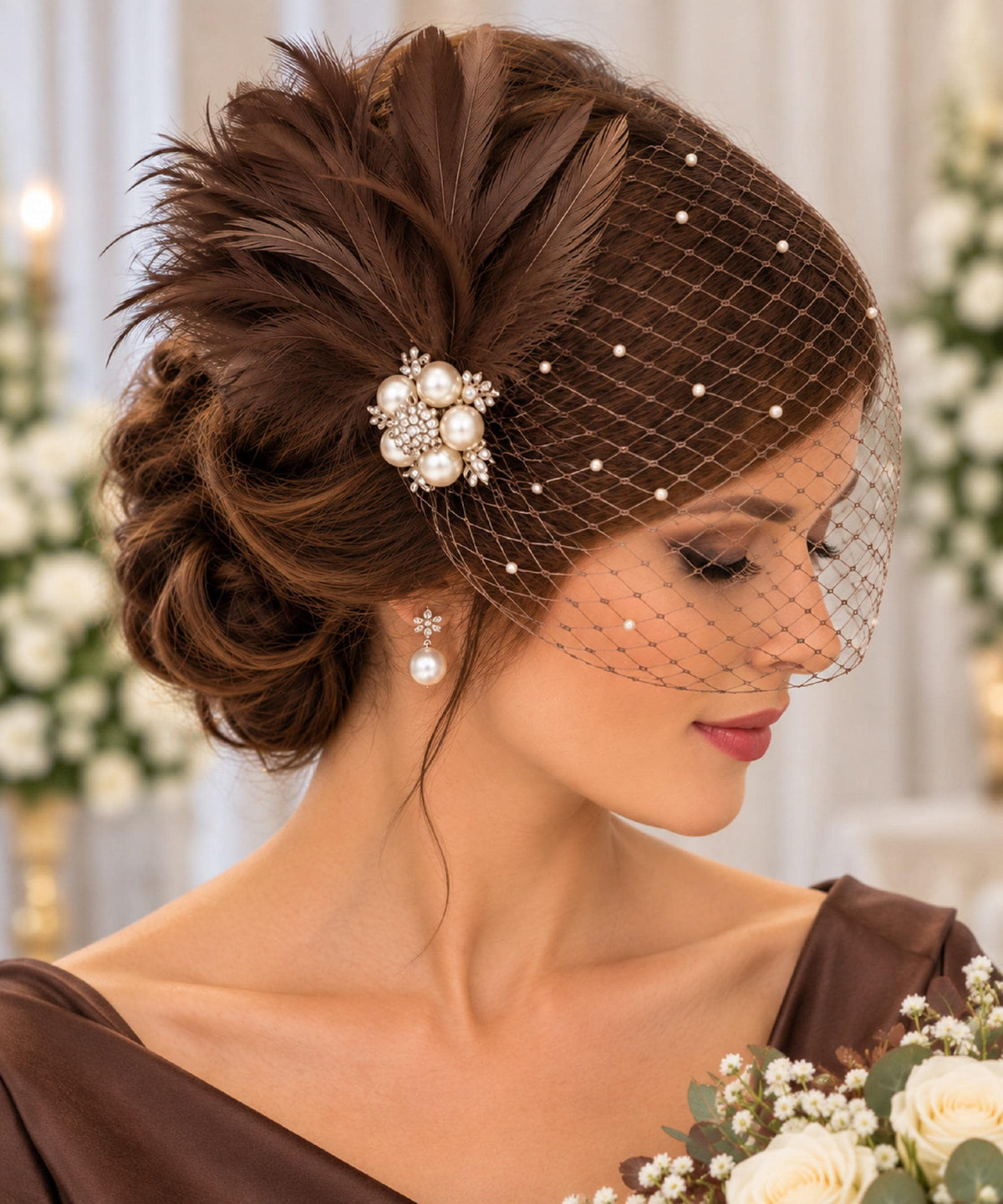 Brown birdcage veil with feather fascinator clip