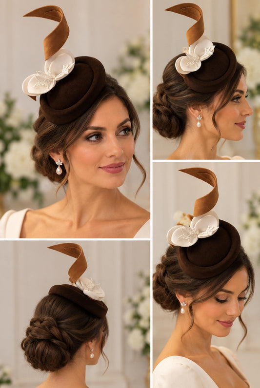 Brown fascinator with Tan /Camel Swirl