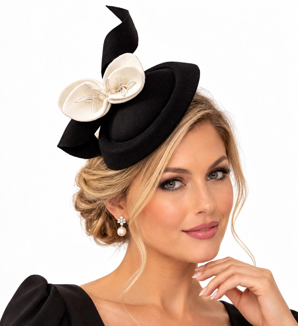 Pillbox hat fascinator with felt swirl and leaves