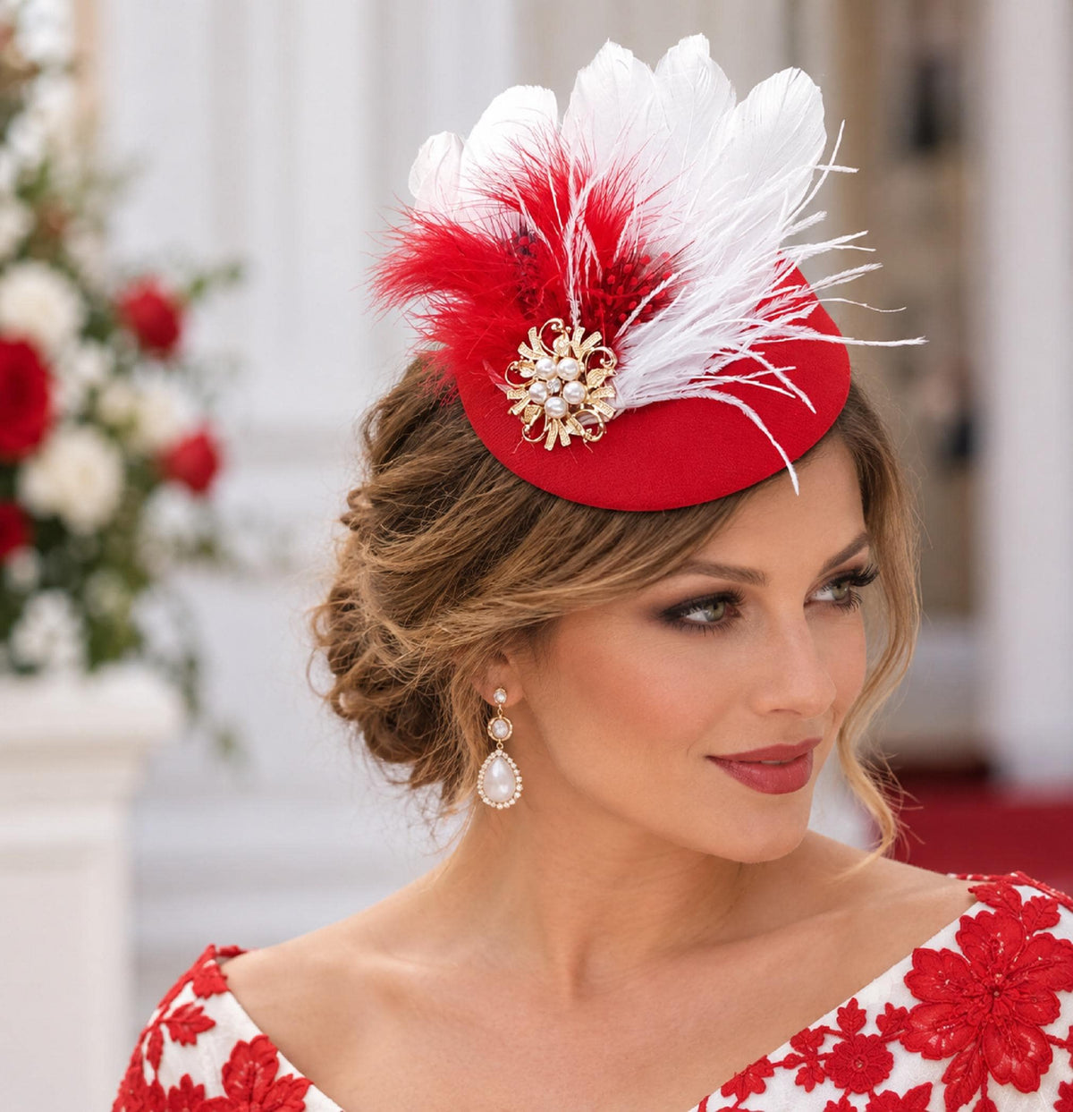 Red Feather Fascinator Hat: Royal Ascot, Wedding, Races