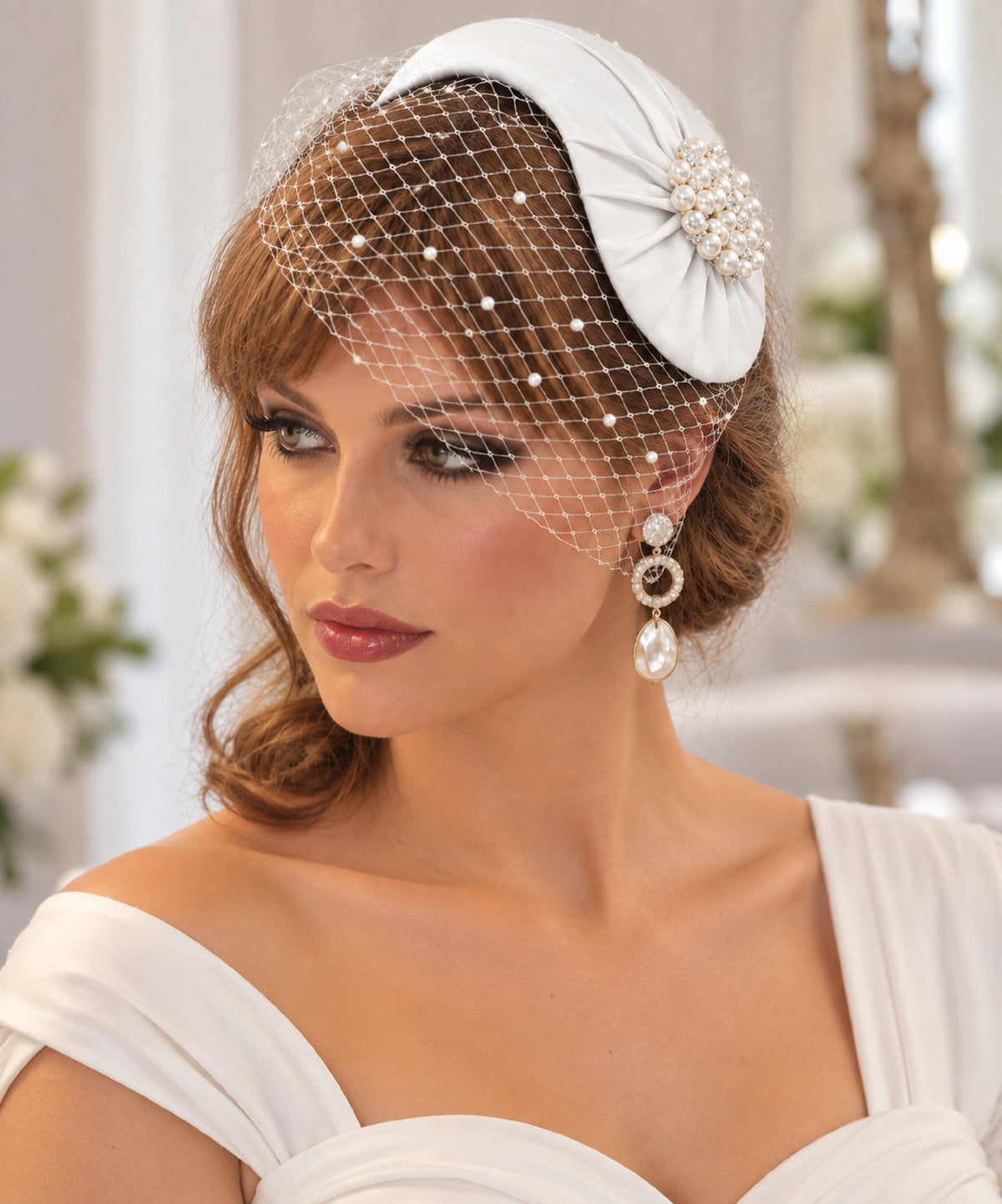 UK made Bridal PINK hat Fascinator with birdcage veil White, Ivory,Champagne, Wedding hair accessory 2Pc unique asymmetrical hat & Face veil