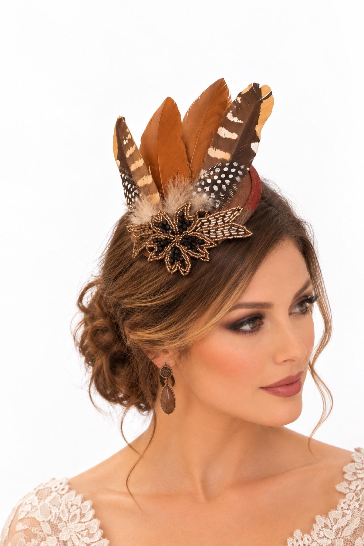 Brown Feather hat Fascinator: Crystal Beaded Hat Ascot ,Races, wedding,Gatsby party headpiece