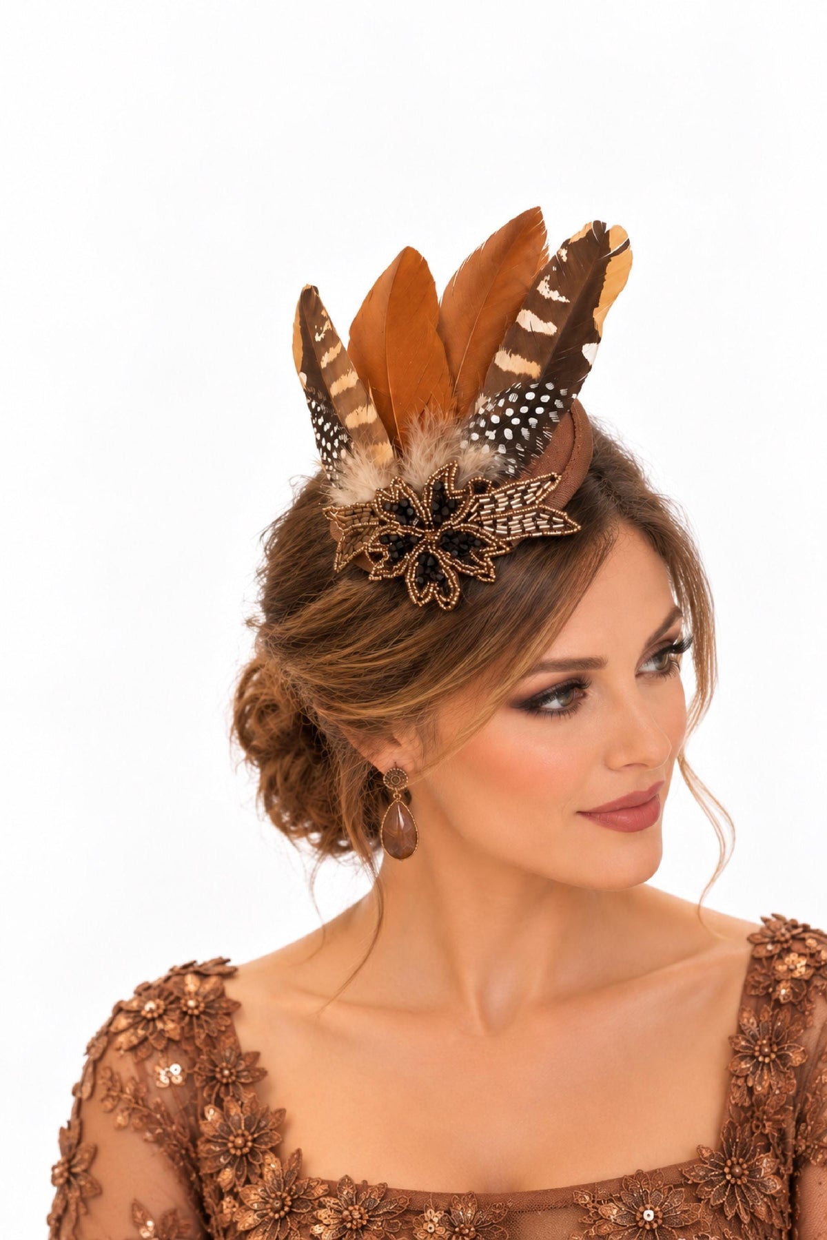 Brown Feather hat Fascinator: Crystal Beaded Hat Ascot ,Races, wedding,Gatsby party headpiece