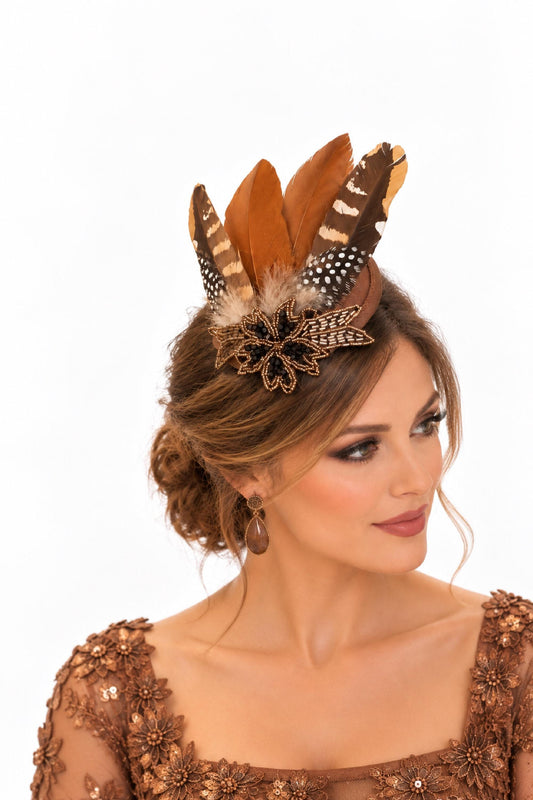 Brown Feather hat Fascinator: Crystal Beaded Hat Ascot ,Races, wedding,Gatsby party headpiece
