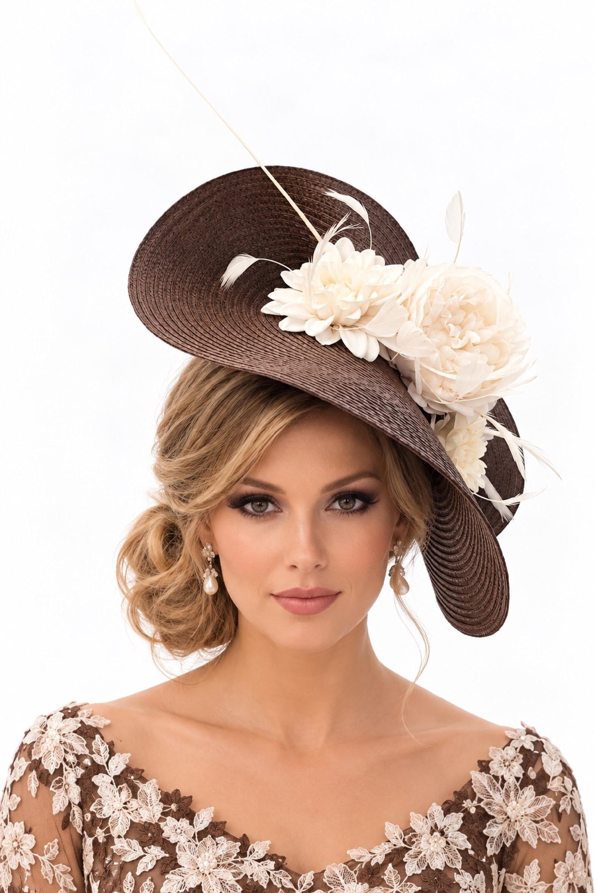 Brown statement fascinator hat with ivory flowers and feather details, .Brown and Ivory mother of the bride hat fascinator