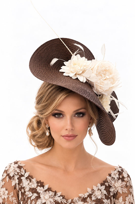 Brown statement fascinator hat with ivory flowers and feather details, .Brown and Ivory mother of the bride hat fascinator