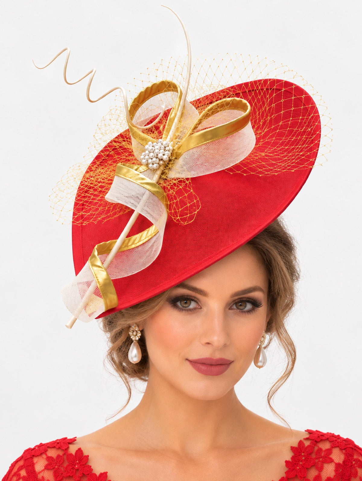Red fascinator hat with gold netting, ivory and gold loops, pearl embellishment and decorative quills.