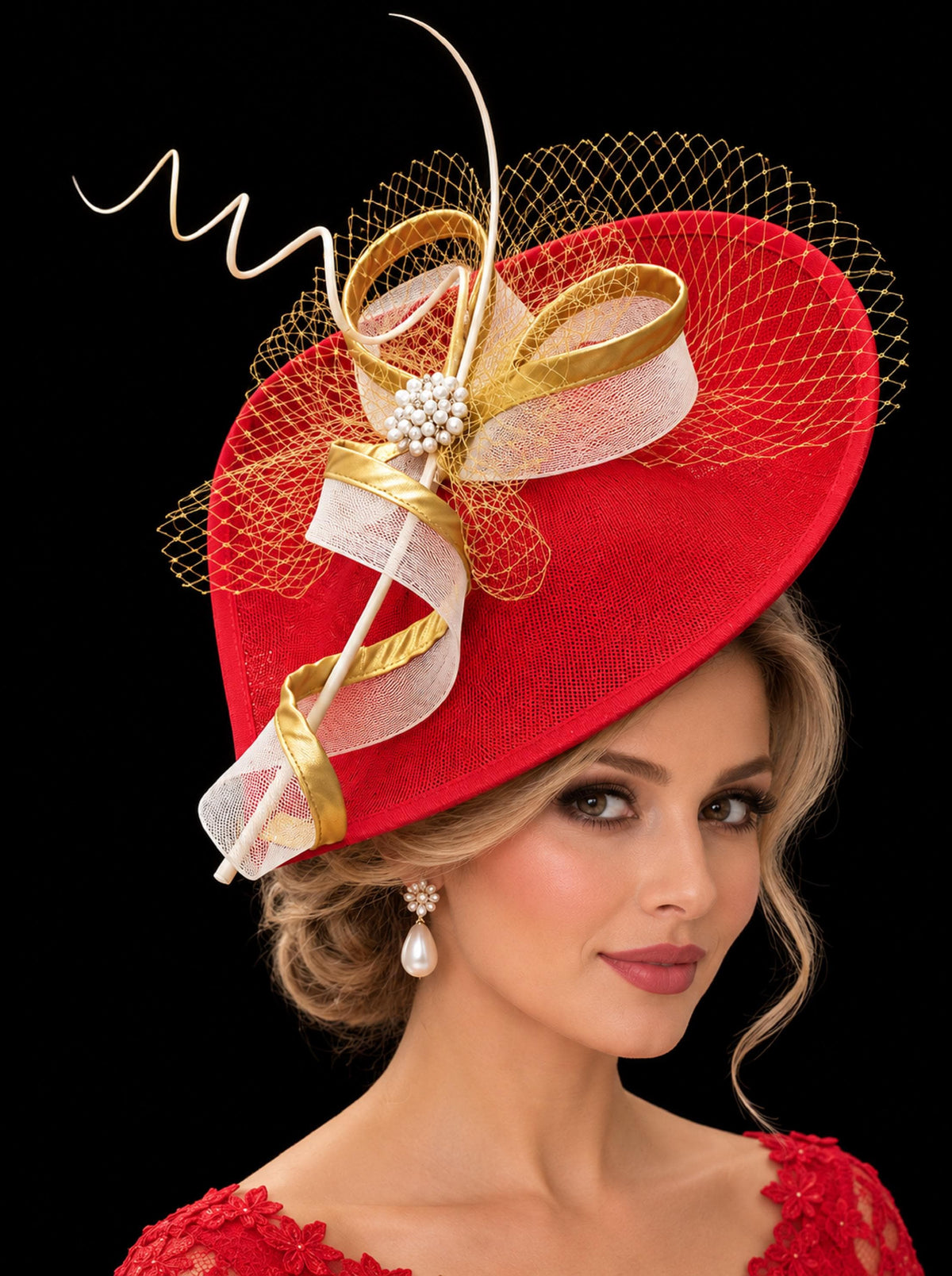 Red fascinator hat with gold netting, ivory and gold loops, pearl embellishment and decorative quills.