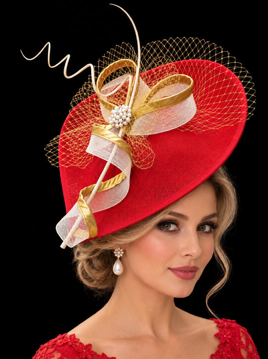 Red fascinator hat with gold netting, ivory and gold loops, pearl embellishment and decorative quills.