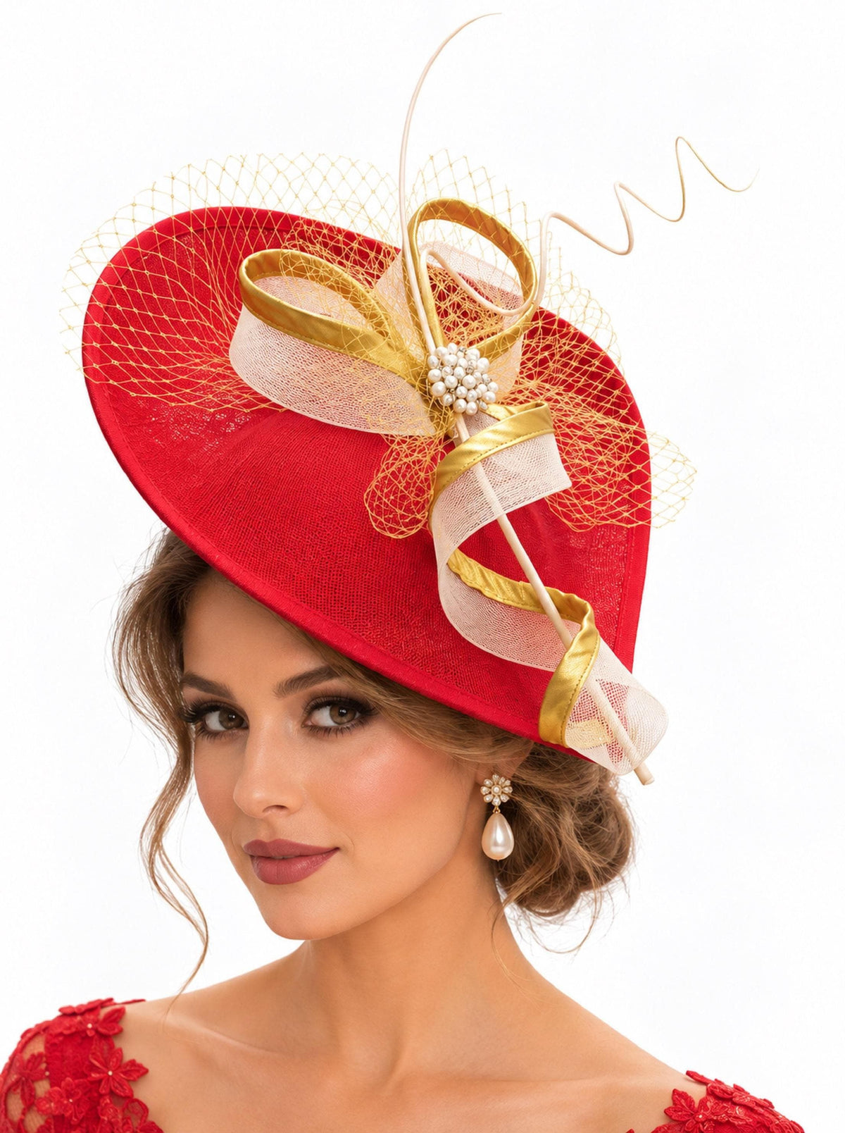 Red & Gold Fascinator Hat: Quill Feather Wedding Ascot Headpiece
