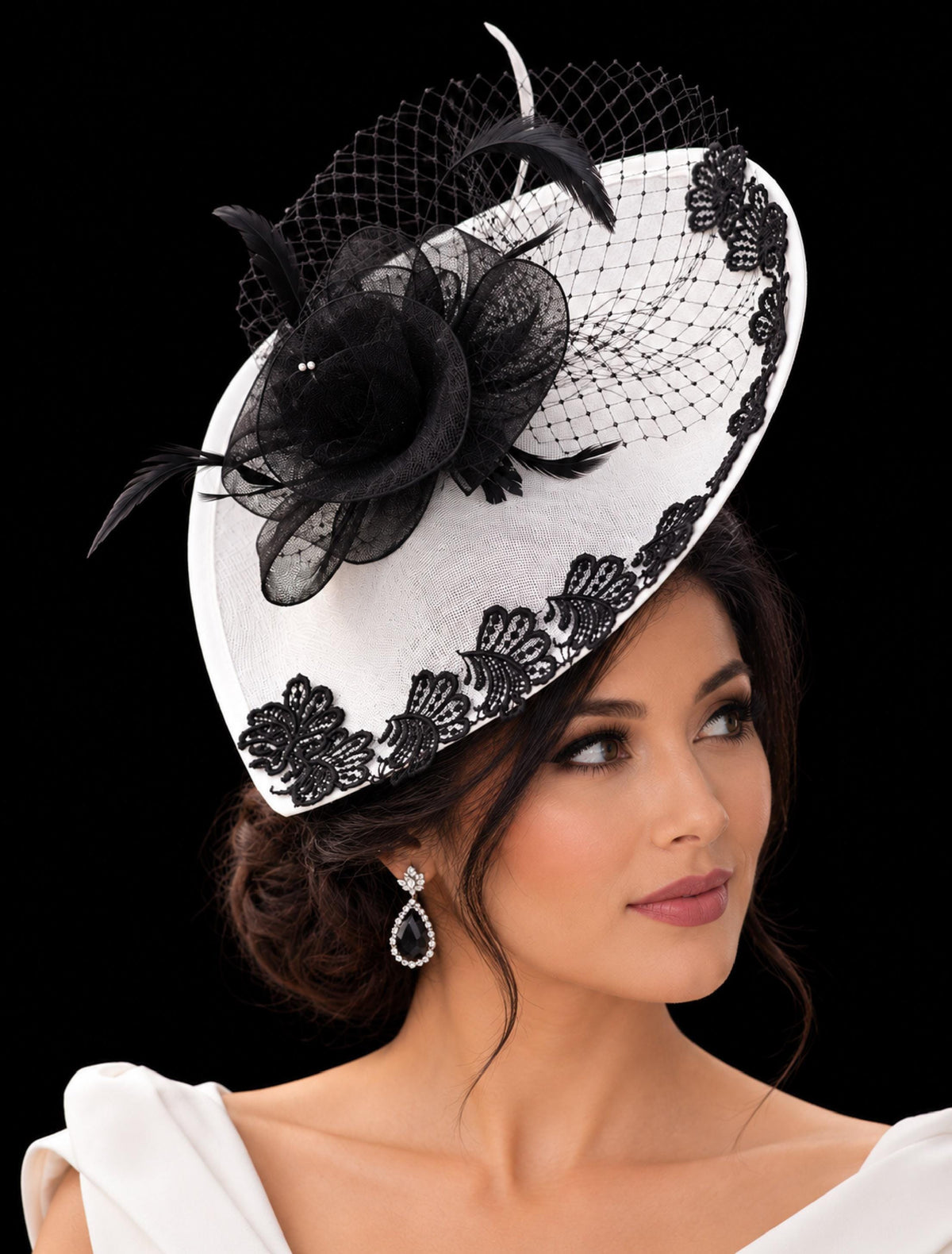 Black & White Fascinator Hat: Lace, Feather Derby Headpiece