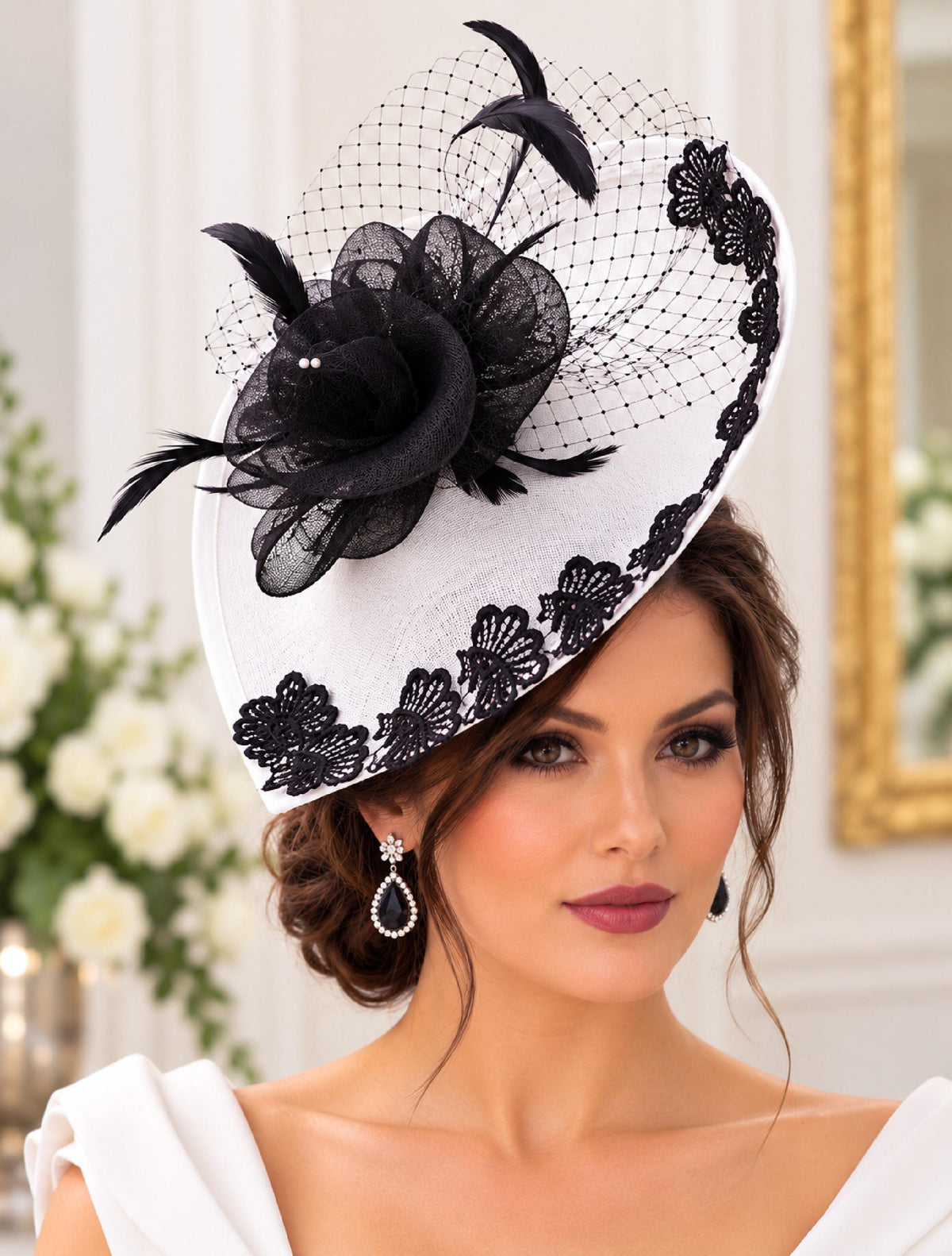 Black & White Fascinator Hat: Lace, Feather Derby Headpiece