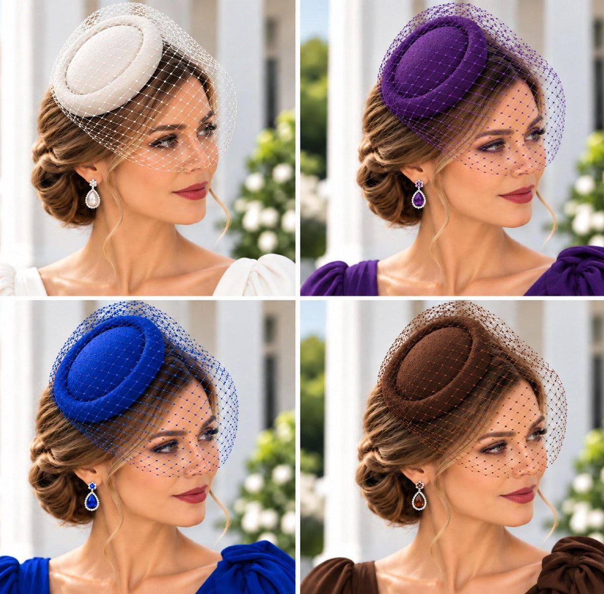 Felt Pillbox hat with birdcage veil. Pill box hat and veil for the simple and elegant look