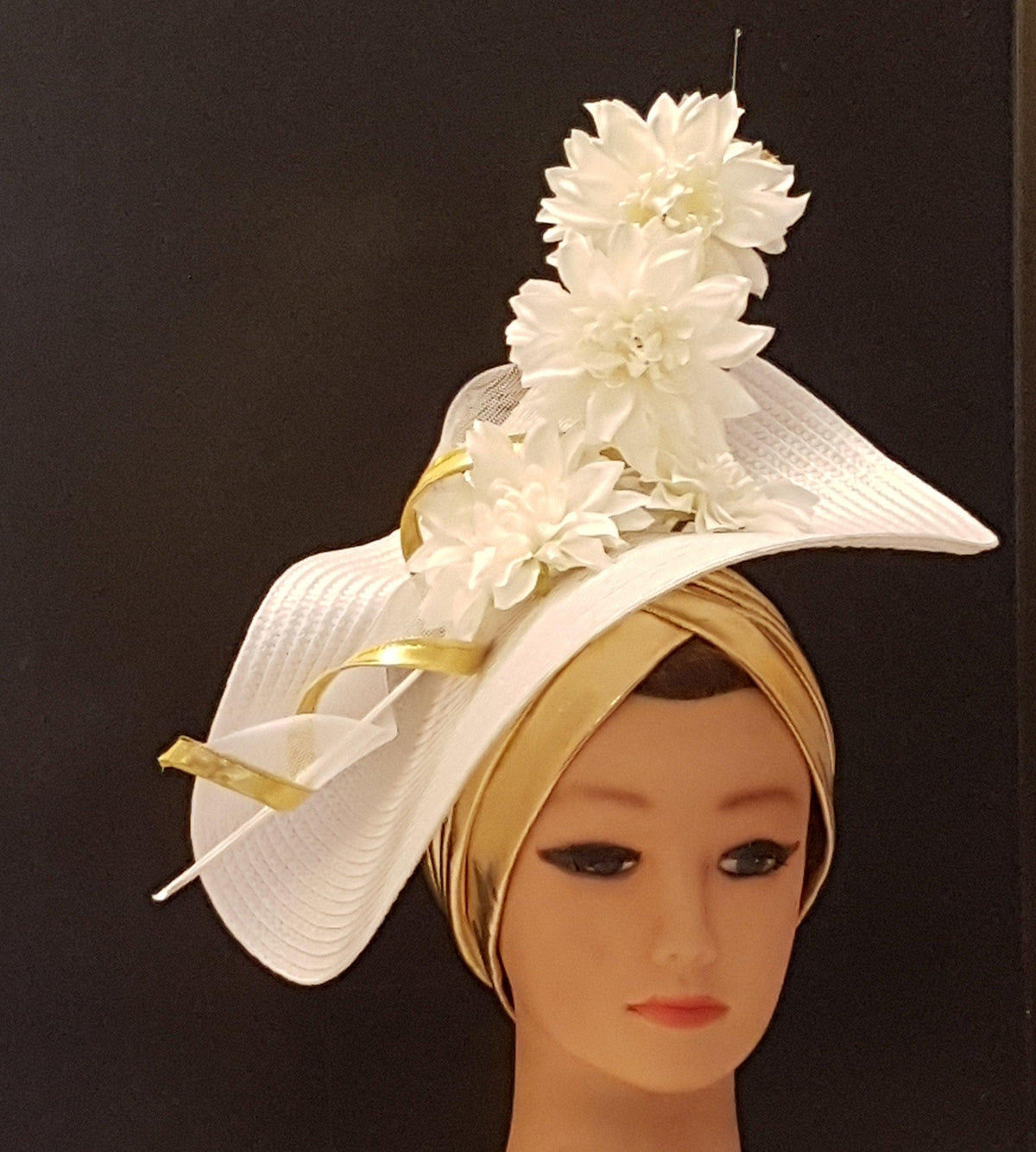 White & Gold Fascinator Hatinator: Quill Feather, Crinoline Swirl, Turban Hat